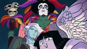 A colorful illustration featuring cartoon-stylized angels, including Azrael, who is centered and is wearing masquerade makeup