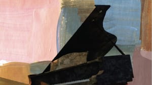 Book cover. Title in black above, over a colorful impressionistic illustration of a leaning piano adrift in sand dunes.