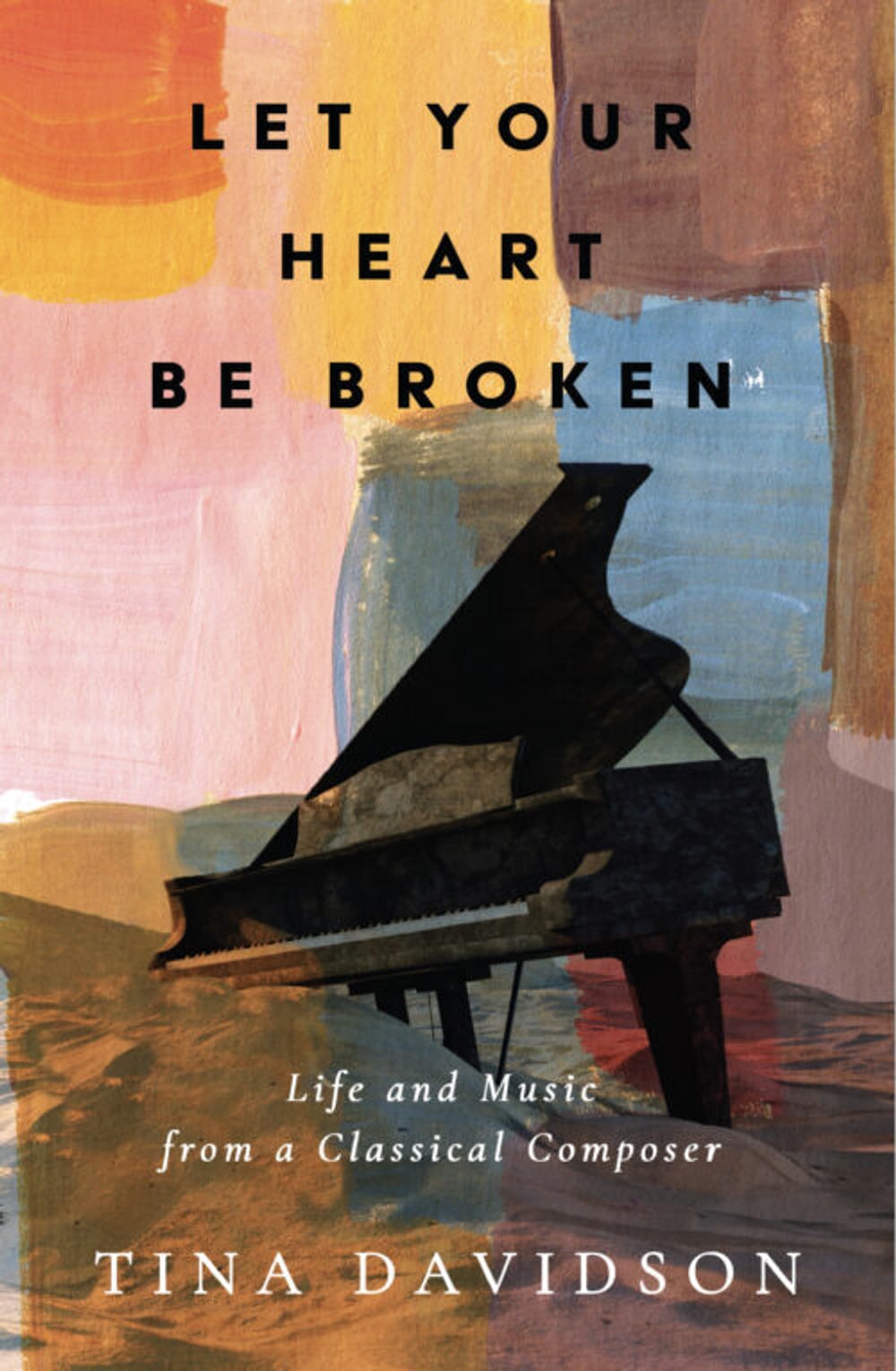 Book cover. Title in black above, over a colorful impressionistic illustration of a leaning piano adrift in sand dunes.