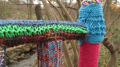 East Brook Bridge: After careful measurement, fabric artist Melissa Maddonni Haims creates the panels and stitches them into place.