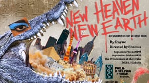 new heaven new earth logo, with a collage of a crocodile with a human eye, holding a jumble of city buildings in its open jaw