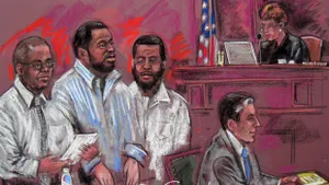 This 2011 courtroom sketch shows James Cromitie, Onta Williams, and David Williams during their sentencing. (credit: Shirley Shepard)