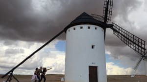 Piffaro’s Joan Kimball, Robert Wiemken, and Priscilla Herreid tilting at windmills, Toledo, September 7, 2015. (Photo by Grant Herreid)