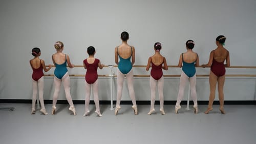 Seen from behind, a line of seven young female dancers in blue or red leotards at the barre, three of them in pointe shoes.