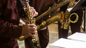 Inmate musicians at Graterford play at a workshop inside the walls. (Photo by Holli Stephens.)
