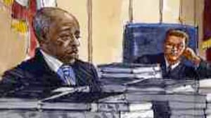 Watson (left) in Judge Ott's courtroom: What 'viable alternatives'? (Artist: Bill Ternay.)