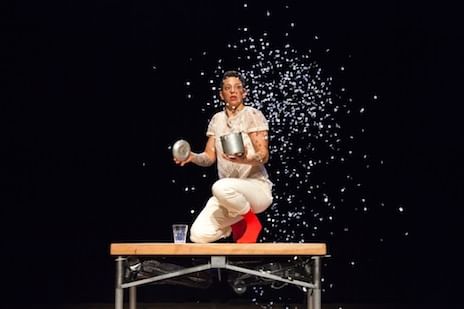 Burgio sets the piece around the fraught family's dining-room table. (Photo by Daniel Kontz.)